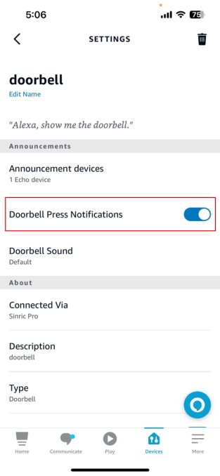 Sinric Pro Alexa enable doorbell notification settings