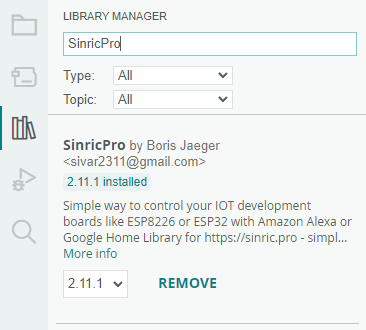 Sinric Pro install SinricPro library